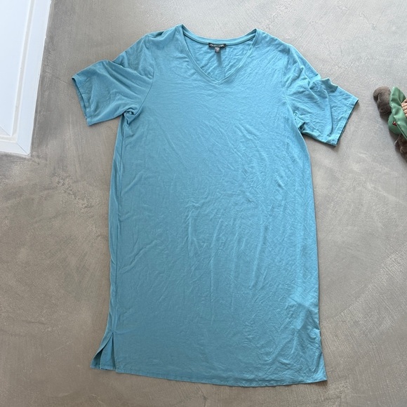 Eileen Fisher Midi V-Neck River Blue T-Shirt Dress - Picture 2 of 5